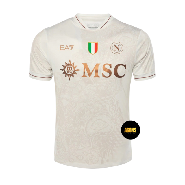 Camisa Napoli Away 25/26 - Torcedor EA7 Masculinon - Branca e dourada