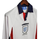 Camisa Retrô Seleção da Inglaterra I 1998 manga longa - Masculina - Branca com detalhes em azul e vermelho