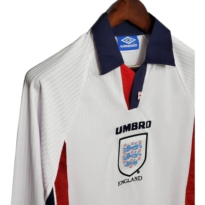 Camisa Retrô Seleção da Inglaterra I 1998 manga longa - Masculina - Branca com detalhes em azul e vermelho