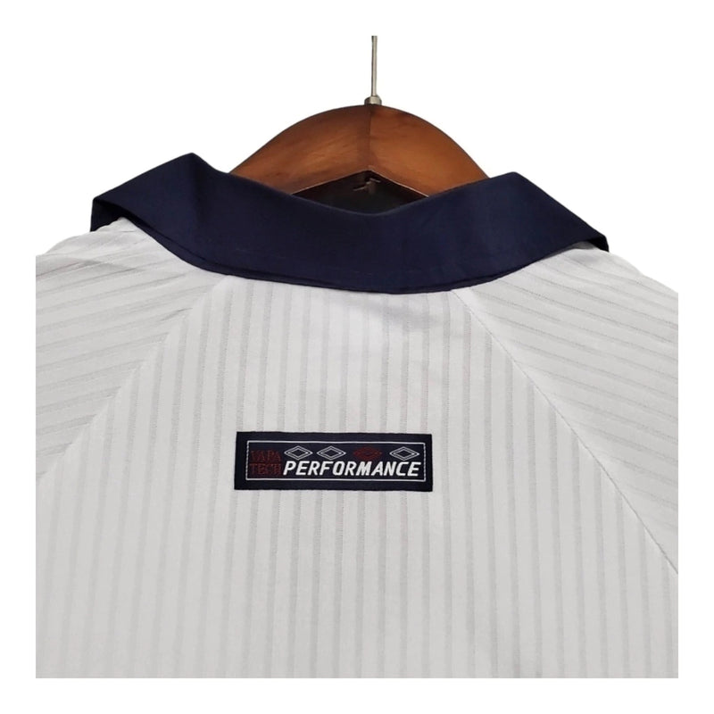 Camisa Retrô Seleção da Inglaterra I 1998 manga longa - Masculina - Branca com detalhes em azul e vermelho