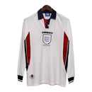 Camisa Retrô Seleção da Inglaterra I 1998 manga longa - Masculina - Branca com detalhes em azul e vermelho