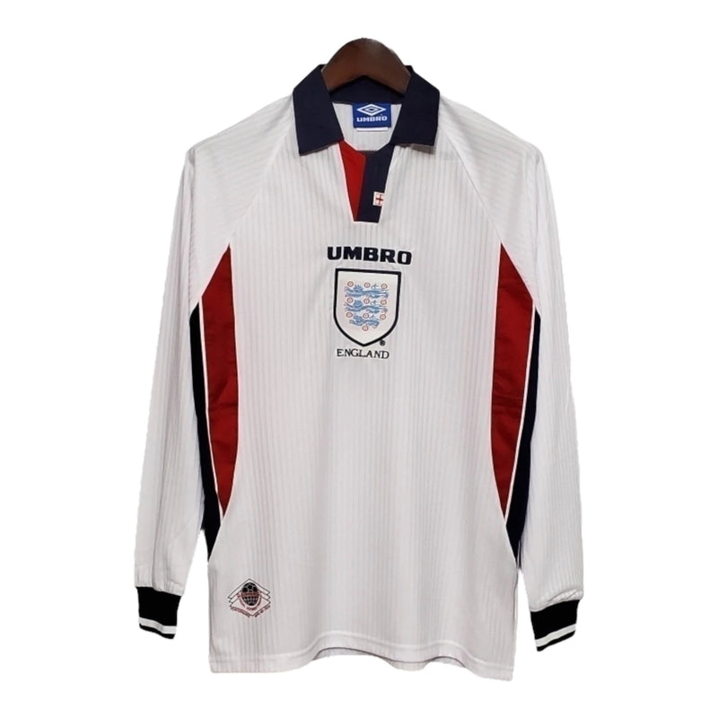 Camisa Retrô Seleção da Inglaterra I 1998 manga longa - Masculina - Branca com detalhes em azul e vermelho