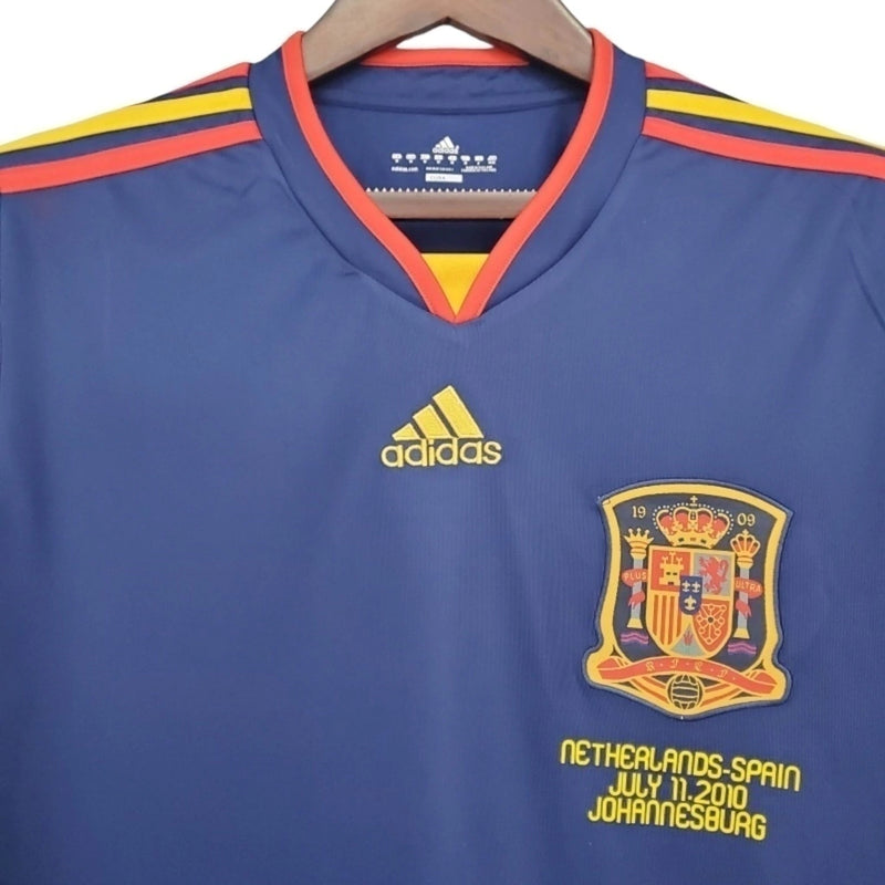 Camisa Retrô Seleção da Espanha II 2010 manga longa - Masculina - Azul com detalhes em amarelo e laranja