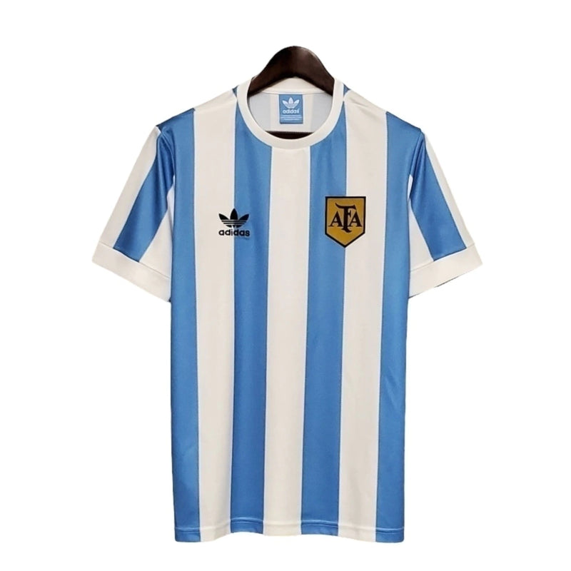 Camisa Retrô Seleção da Argentina I 1978 - Masculina - Branca com detalhes em azul