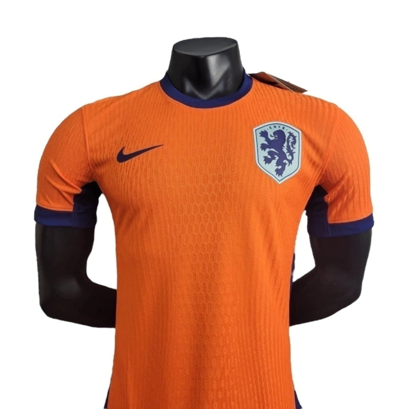 Camisa Seleção da Holanda I 24/25 - Jogador Masculina - Laranja com detalhes em azul